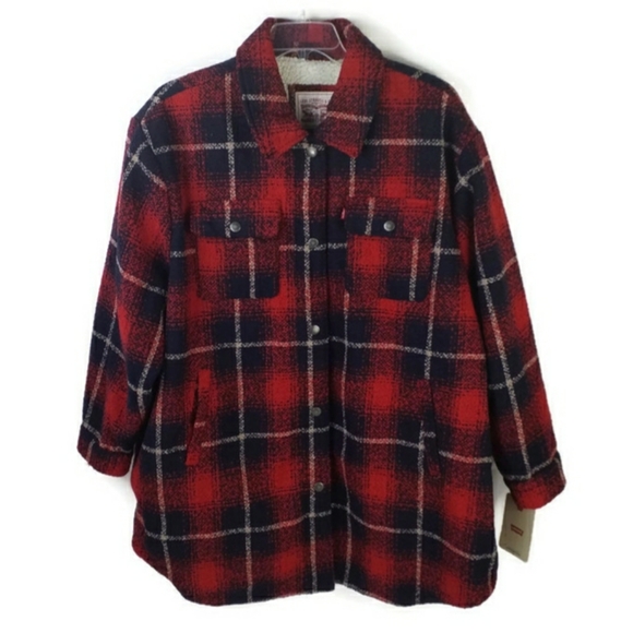 Levi's Red Blue Plaid Full Zip Long Sleeve Wool Blend Shacket Womens Plus 4X NWT - Picture 16 of 16